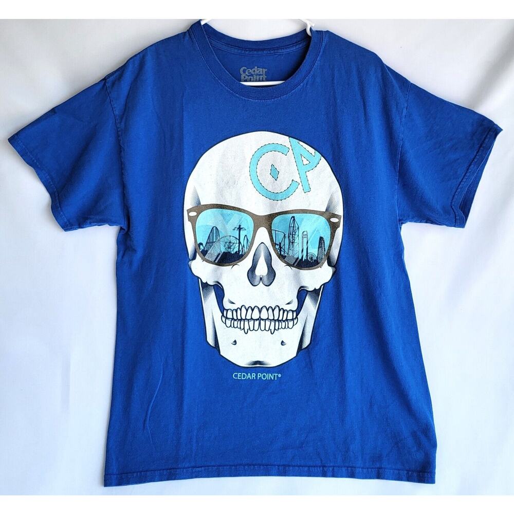 Cedar Point Skull w Sunglasses Men's Large Blue Tee Shirt Roller Coasters